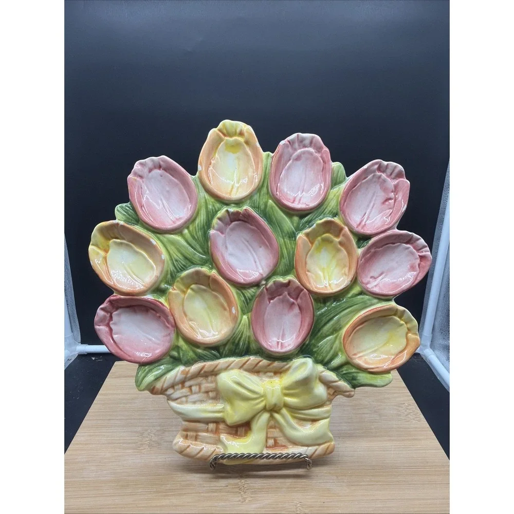 VTG Easter Tulip Egg Platter Pastel Basket Deviled Egg Plate